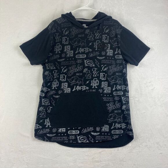 Echo Shirt Mens Extra Large Black All Over Print Hooded Pocket Short Sleeve Top - Picture 1 of 5